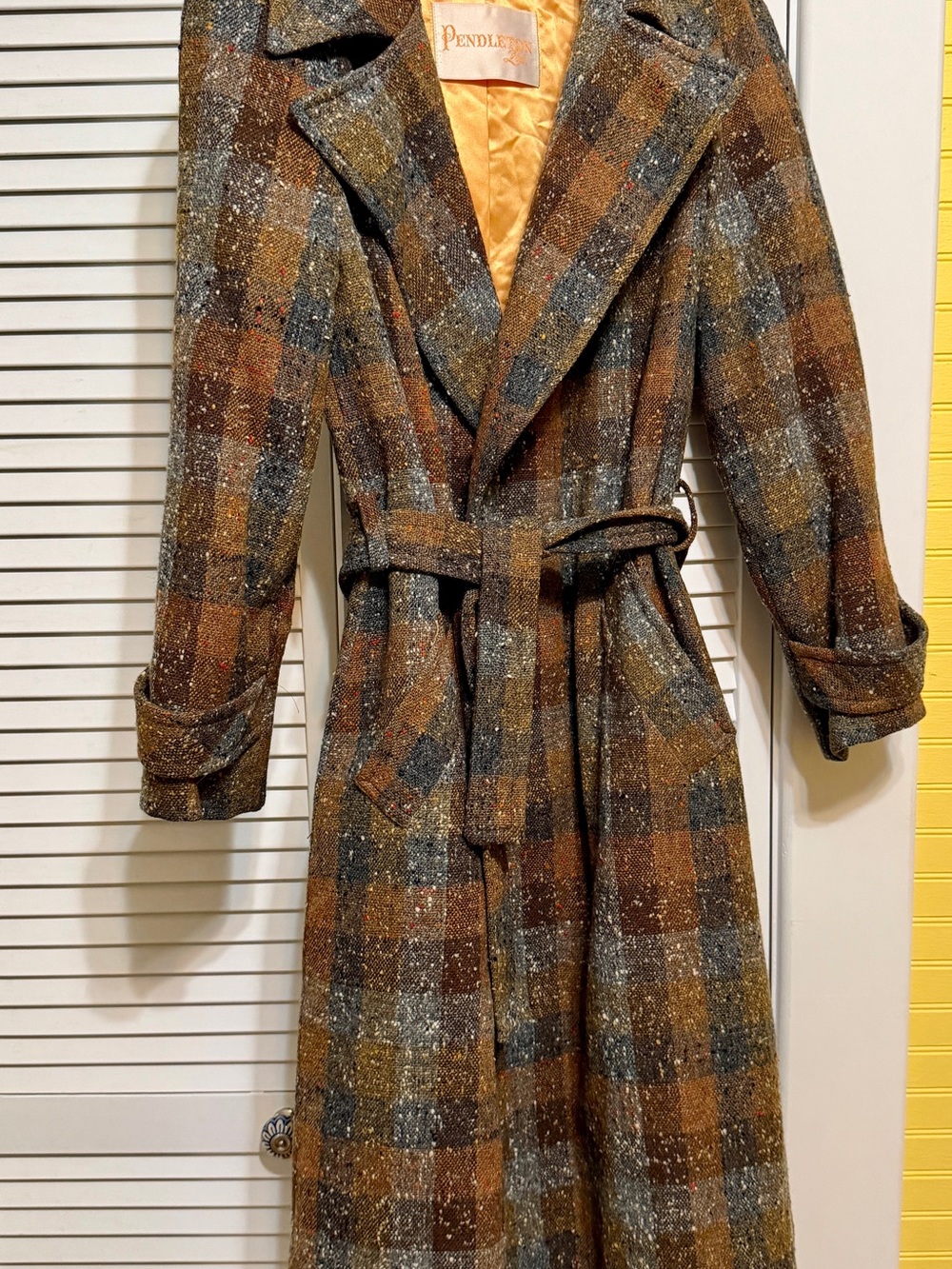 Pendleton Brown & Gray Plaid Wool Blend Belted Trench Coat